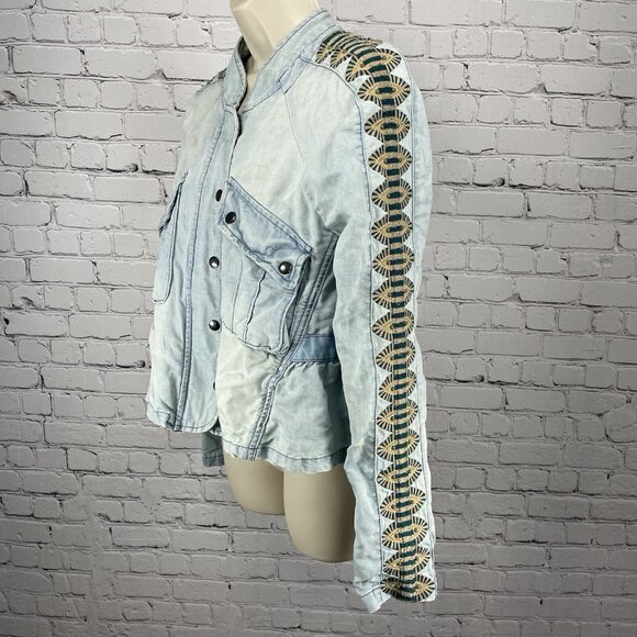 Free People Blue Linen Cotton Embroidered Stud Sleeve Light Jacket XS *stained - Picture 12 of 16